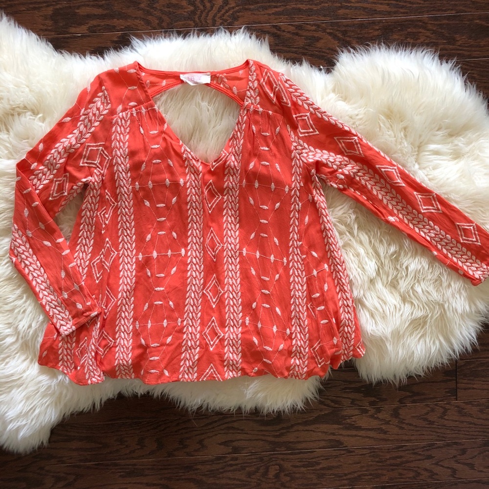 Peach Love California Long Sleeve Coral Boho Embroidered Blouse S